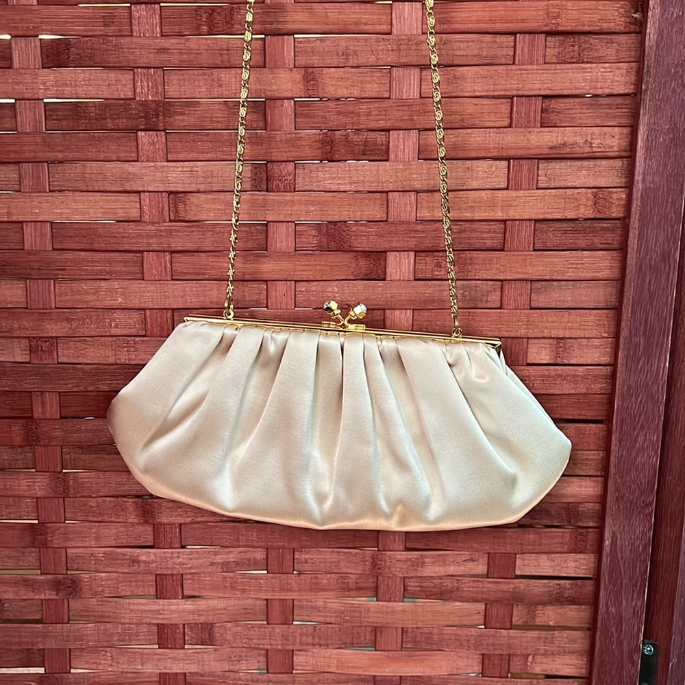 Nordstrom Cream Colored Satin Crossbody Purse w/ Gold Chain